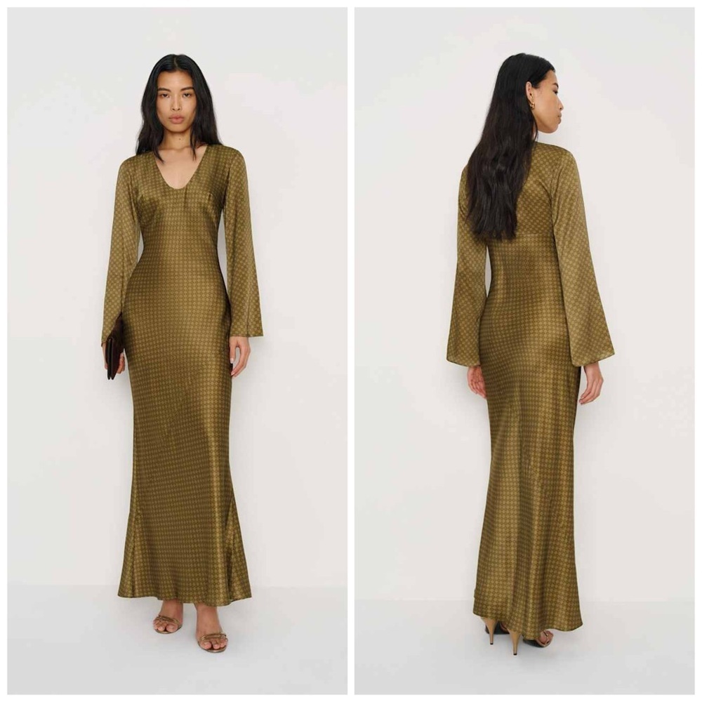 Reformation Vivia Silk Maxi Dress Pompeii Green Long Sleeve Bias Cut Size XS NWT